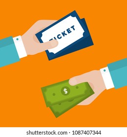 Flat Design of Exchange Tickets and  Dollars. Hand Holding Money and Buying Tickets. Business Idea concept. Isolated Vector illustration