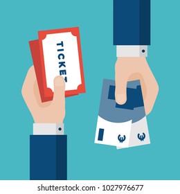 Flat Design of Exchange Tickets and  Euros. Hand Holding Money and Buying Tickets. Business Idea concept. Isolated Vector illustration