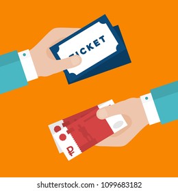 Flat Design of Exchange Tickets and  Rubles. Hand Holding Money and Buying Tickets. Business Idea concept. Isolated Vector illustration