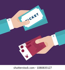 Flat Design of Exchange Tickets and  Yuans. Hand Holding Money and Buying Tickets. Business Idea concept. Isolated Vector illustration