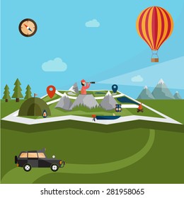 flat design of explorer with spyglass and balloon on map with adventure elements
