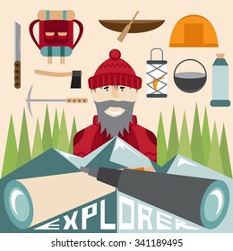 flat design of explorer with spyglasses and elements of hike