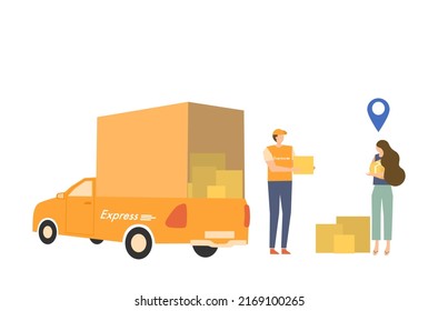 Flat design of express delivery service vector, delivery shopping advertising background, orange truck express delivery vector,  a woman receives package from delivery transportation vector.