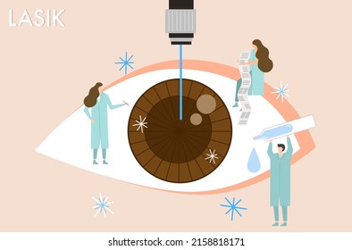 Flat design of eyes lasik surgery vector, doctors are doing eye testing and lasik eye surgery, Femto laser to cure shortsighted eyes. Tear drops for eyes moisture vector.