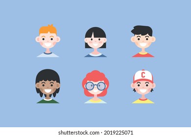 Flat design faces of childrens characters