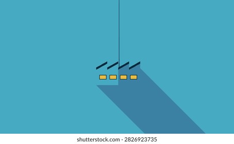 Flat design factory icon with a sawtooth roof and lit windows casting a long shadow on a solid blue background.