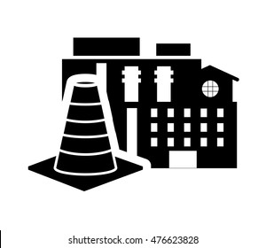 flat design factory and traffic cone icon vector illustration
