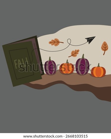  Flat Design Fall Illustration with Book at Pumpkins ,Leaves Background and Pont