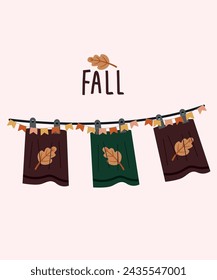 Flat Design Fall Illustration and Clothesline Bath and Towels