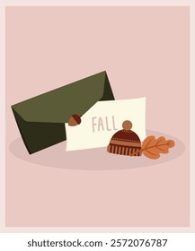  Flat Design Fall Illustration with Envelope and Letter,Hat,Leaves