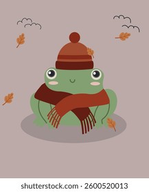 Flat Design Fall Illustration with Lazy Frog wearing Hat and Scarf