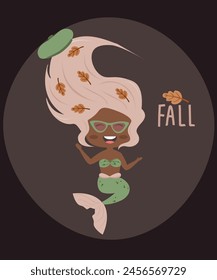 : Flat Design Fall with Mermaid at Sunglasses,Leaves,Beret