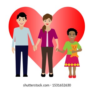 Flat design of family with adoption girl child. Isolated on red heart shape in white background. Vector Illustration. Idea for parenting, adoption family concept.