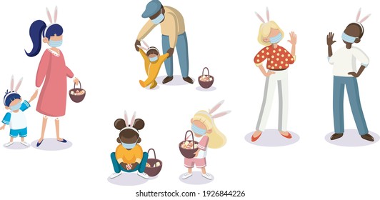Flat design. Family fun for Easter, amid a pandemic. Mom, dad, children, grandfather isolated on white background. Characters for Easter cards, invitations, congratulations.