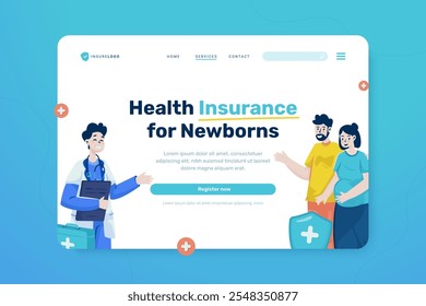 Flat design of family health insurance, Doctor medical consultation, Baby newborn protect by insurance, Vector illustration on web landing page design