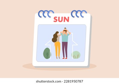 flat design of family and new house vector, happy family spending time together, family outdoor activity on holiday, home sweet home vector, spend quality time with family on weekend.