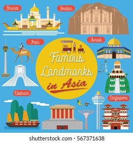 Flat design, Famous landmarks in Asia, vector