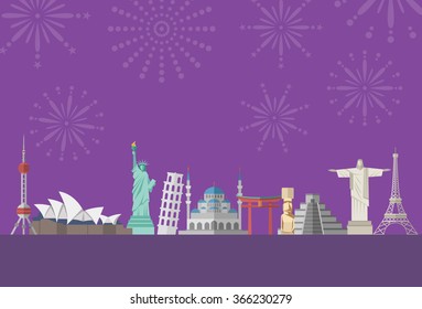 Flat design, famous landmarks with firworks