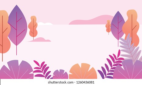 Flat design fantasy landscape in pink and orange colors. Trendy plants, mountains and nature in minimal style. Bushes, trees, flowers, leaves. Vector illustration.