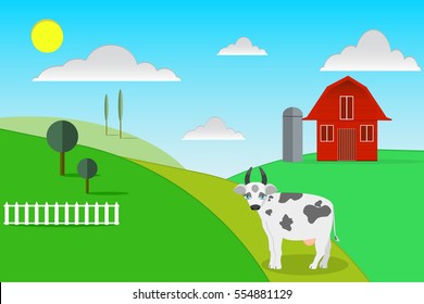 Flat design farm with cute cow 