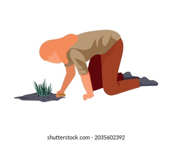 Flat design farm icon with woman working in garden on her knees vector illustration