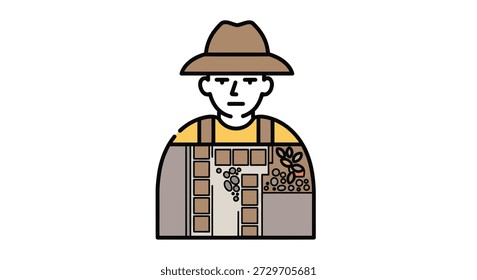 Flat design farmer icon with harvest crops in his chest