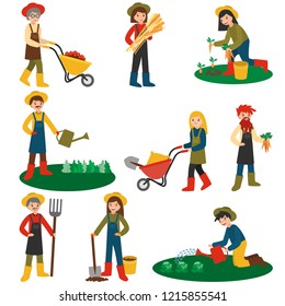 Flat design farmers set illustration vector. Farmer harvesting crop.