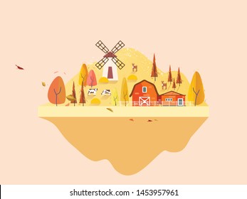 Flat design of farmville in countryside in Autumn with mill,haystack. antilope and barn.Concept of minimal autumn landscape.