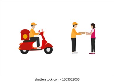 flaches Design des Schnellservice für die Lieferung von Lebensmitteln mit schnellem Roller zum Kunden einzeln auf weißem Hintergrund