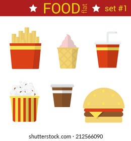 Flat design fast food vector icon set. Burger, fried potato, coffee, cola, ice cream, popcorn. Food flat collection.