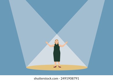 Un diseño plano de un empresario femenino caucásico gordo con 8 cabezas al cuerpo. Ilustración de una actuación en el centro de atención de pie en el escenario.