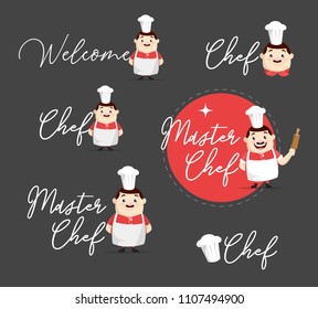 Flat Design fat chef with various text banners Vector Illustration