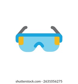 Flat design featuring blue and gold safety goggles on a White Background. Clean minimalist style.
