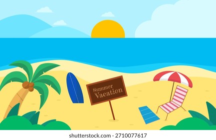 Flat design featuring a cheerful summer atmosphere; perfect for posters, social media banners, greeting cards, or advertisements with a beach, holiday, sunny weather feel.