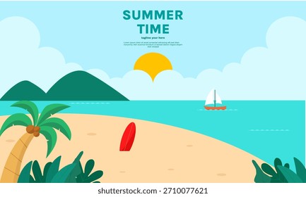 Flat design featuring a cheerful summer atmosphere; perfect for posters, social media banners, greeting cards, or advertisements with a beach, holiday, sunny weather feel.