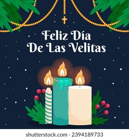 flat design Feliz Dia De Las Velitas illustration with leaves and candles