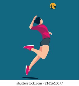 flat design, female volleyball athlete, jumps and hits the ball hard.