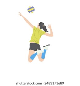 flat design, female volleyball player, jumping high and smash the ball hard.