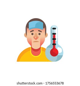 Flat design Fever vector illustration. Sick man character with a Thermometer