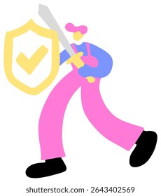 figura de design liso passos adiante escudo espada na mão Figura veste macacão rosa camisa azul sapatos pretos