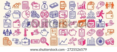 A flat design finance icon collection displays colorful line illustrations for ui, branding, and print usage, playful.