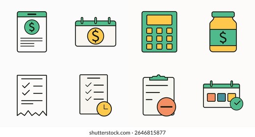 Flat Design Finance and Planning Icon Set Featuring Calculator, Calendar, Money Jar, Checklist, and Payment Document