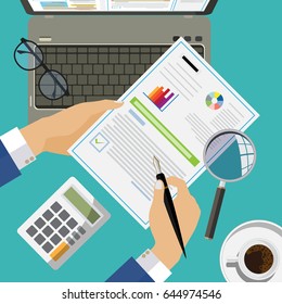 Flat design. Financial accounting concept.process, analytics, research, planning, report, market analysis and audit. Businessman holding magnifying glass .Vector illustration.