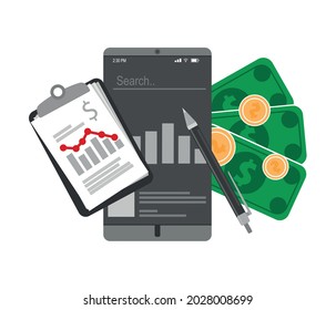 Diseño plano del concepto financiero sobre fondo blanco. Gráfico económico y símbolo en dólares de la pantalla del teléfono. Gráficos financieros y vector fácil de editar.
