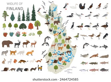 Flat design of Finland wildlife. Animals, birds and plants constructor elements isolated on white set. Build your own geography infographics collection. Vector illustration