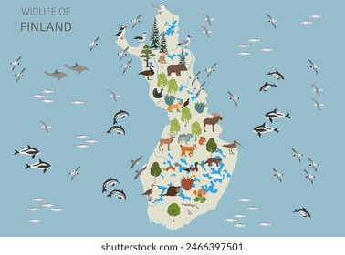 Flat design of Finland wildlife. Animals, birds and plants constructor elements isolated on white set. Build your own geography infographics collection. Vector illustration