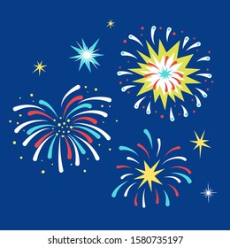 Flat design fireworks element on blue background for celebration