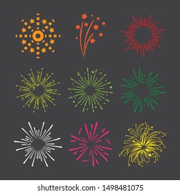 Flat design fireworks icon set. colorful fireworks.