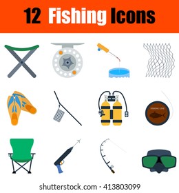 Flat design fishing icon set in ui colors. Vector illustration.