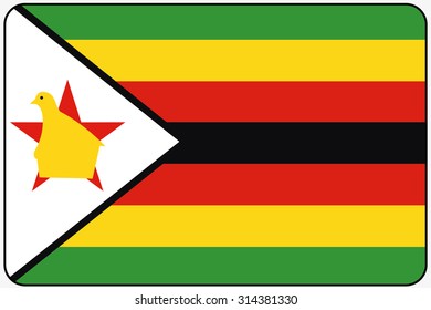 A Flat Design Flag Illustration with Rounded Corners and Black Outline of the country of Zimbabwe